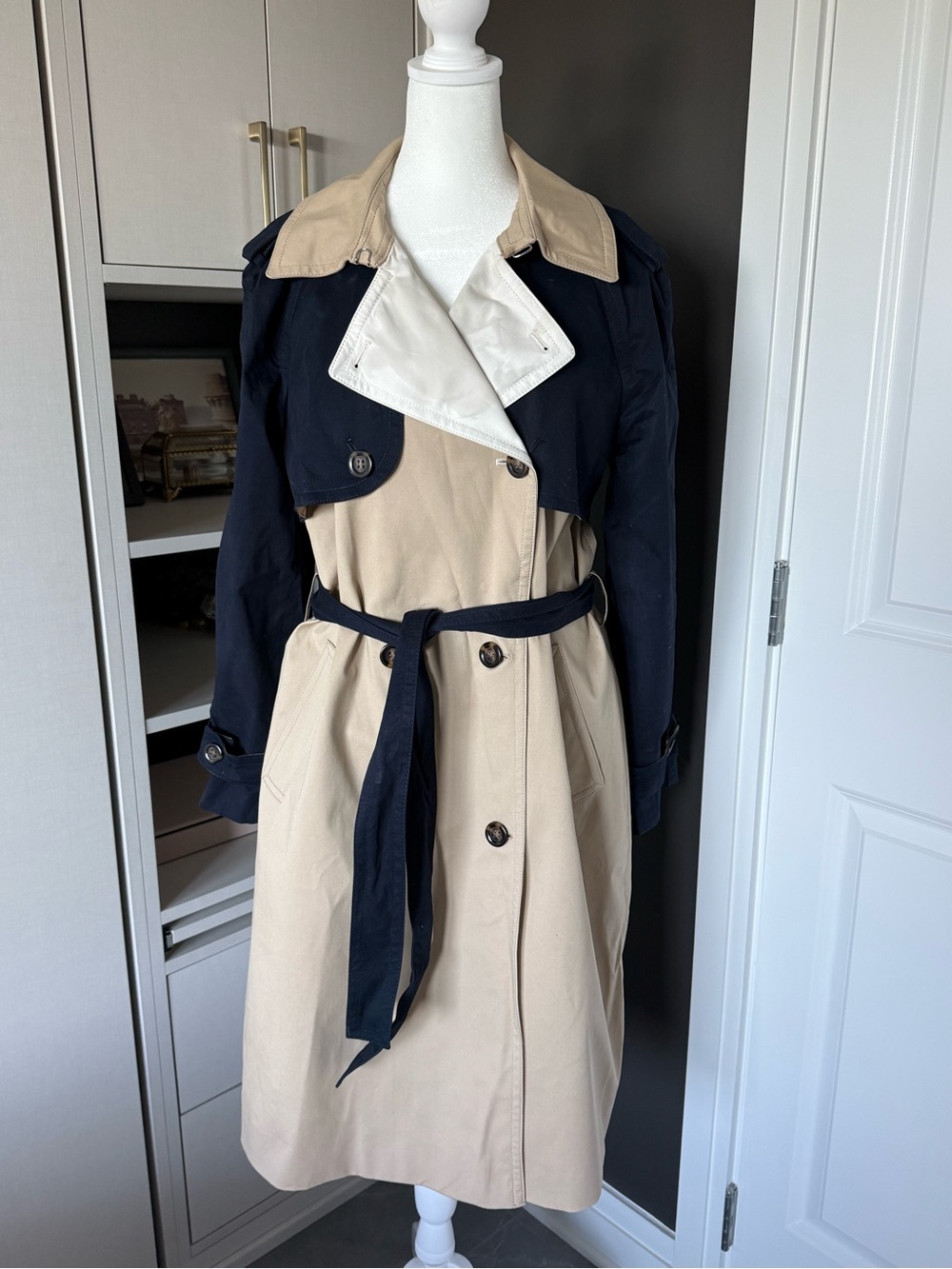 Ann Taylor Two-Tone Navy and Beige Trench Coat with Belt